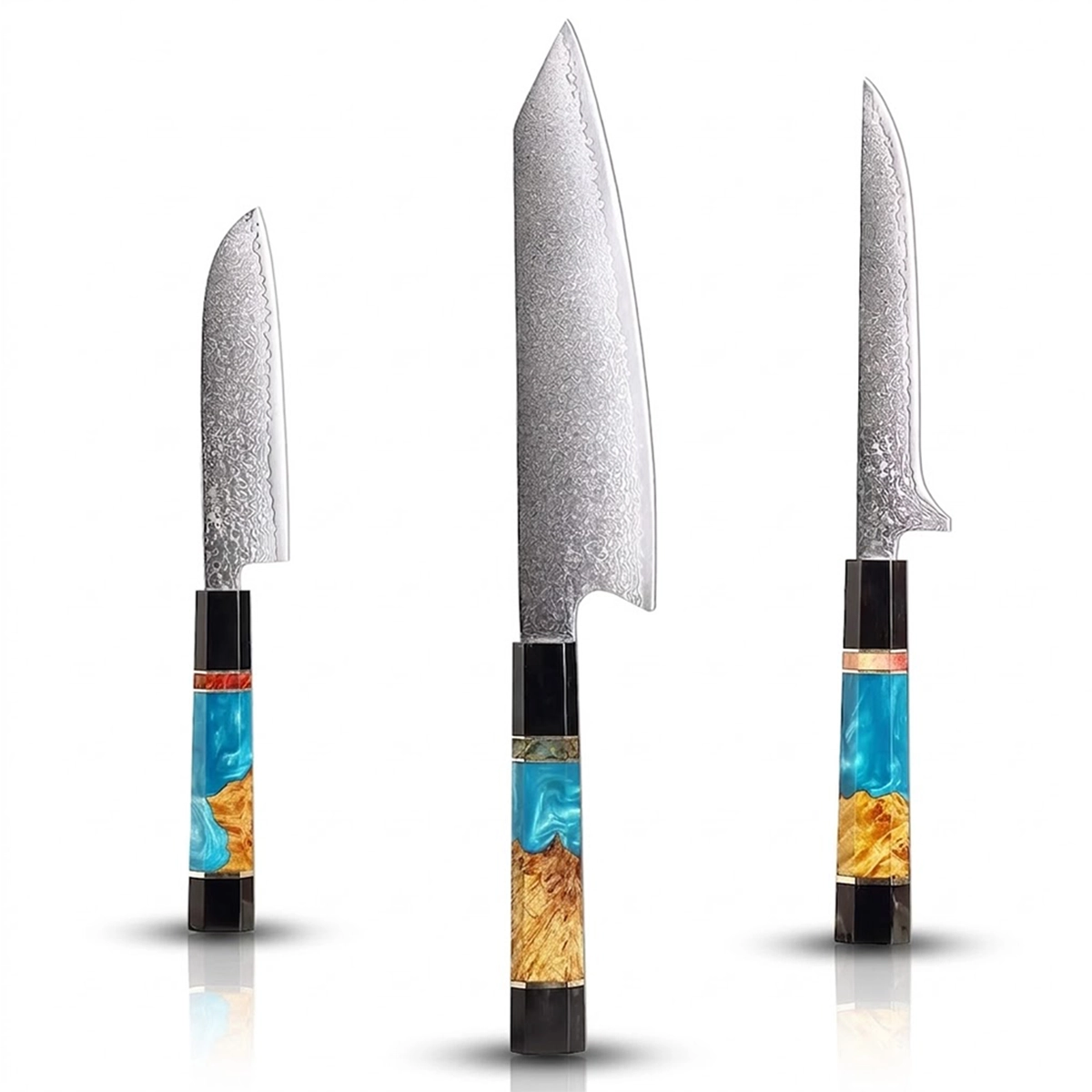 Three knives with unique handles on a white background