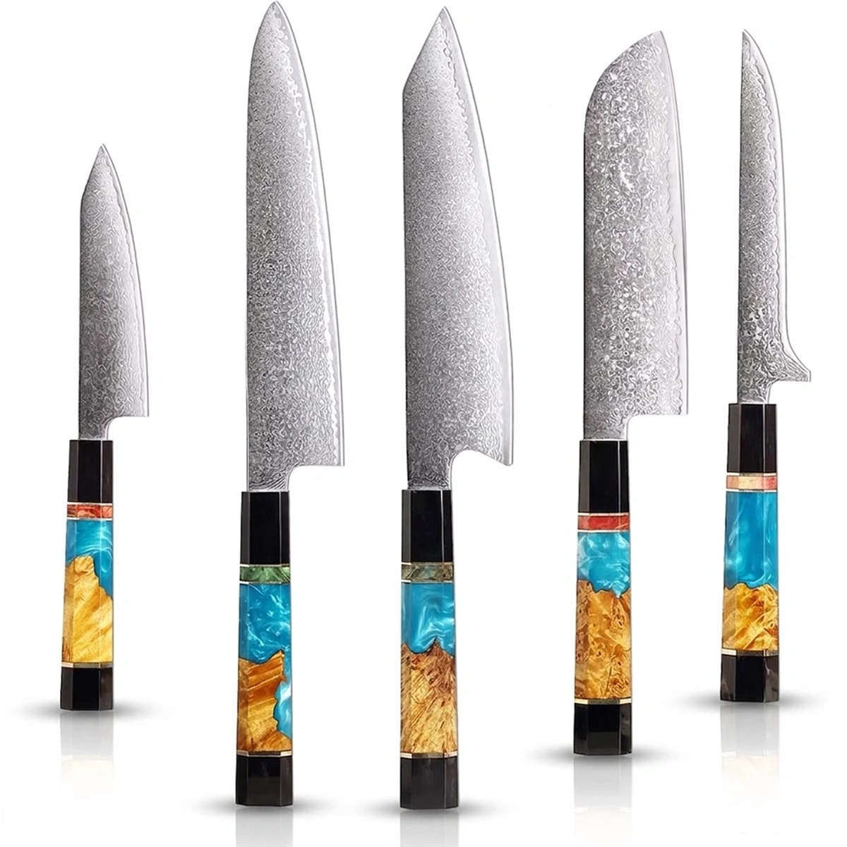 Set of five knives with decorative handles on a white background