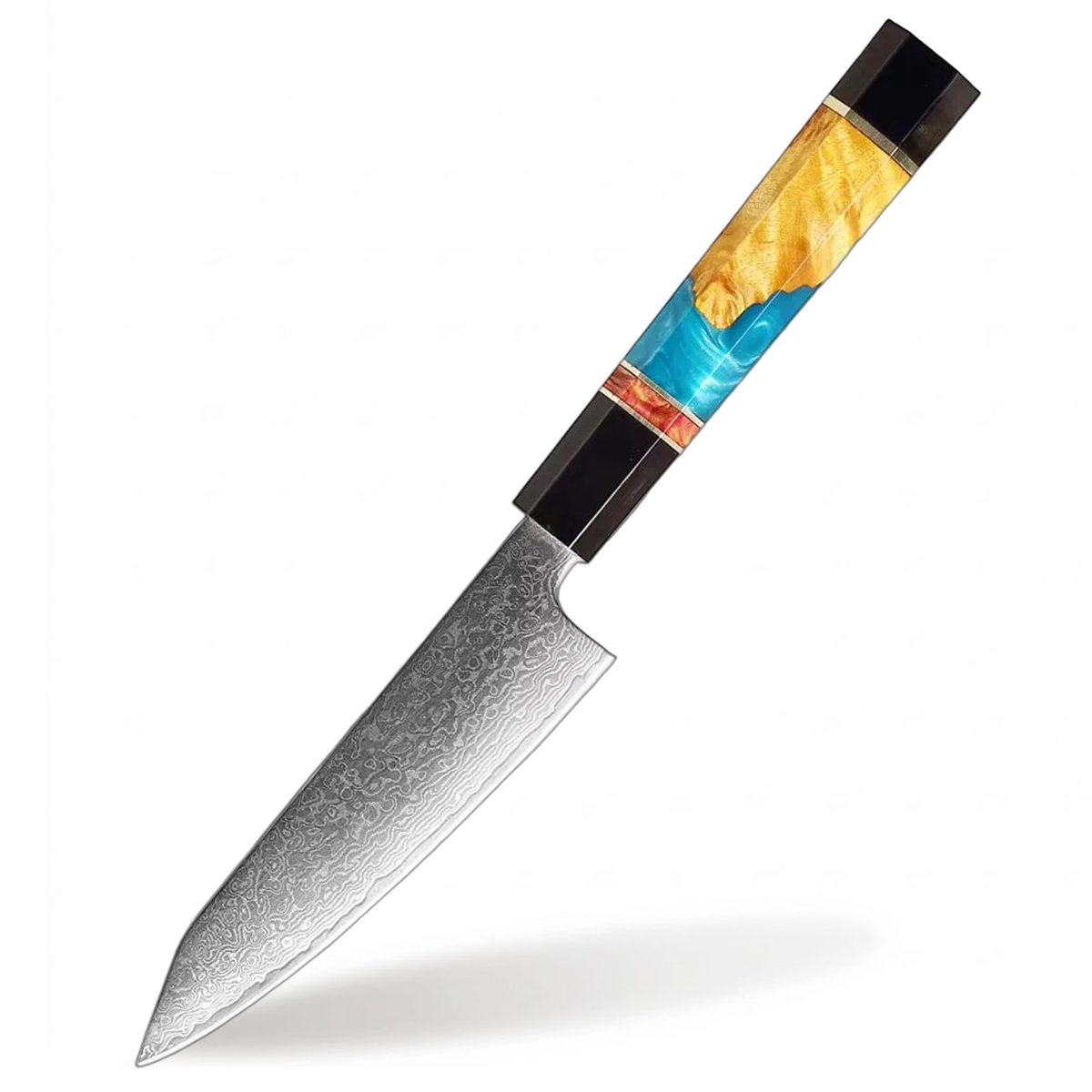 Decorative chef's knife with a multicolored handle on a white background