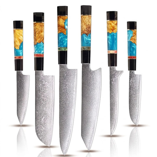 Set of five knives with decorative handles on a white background