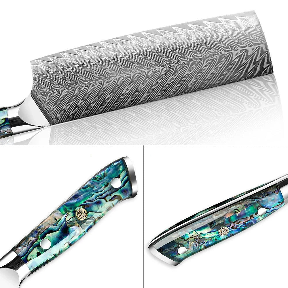 Collage of a Damascus steel knife with detailed pattern and a knife handle with abalone shell inlay.