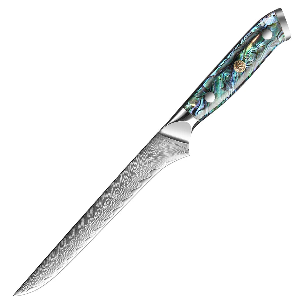 Decorative knife with a detailed blade and abalone shell handle on a white background