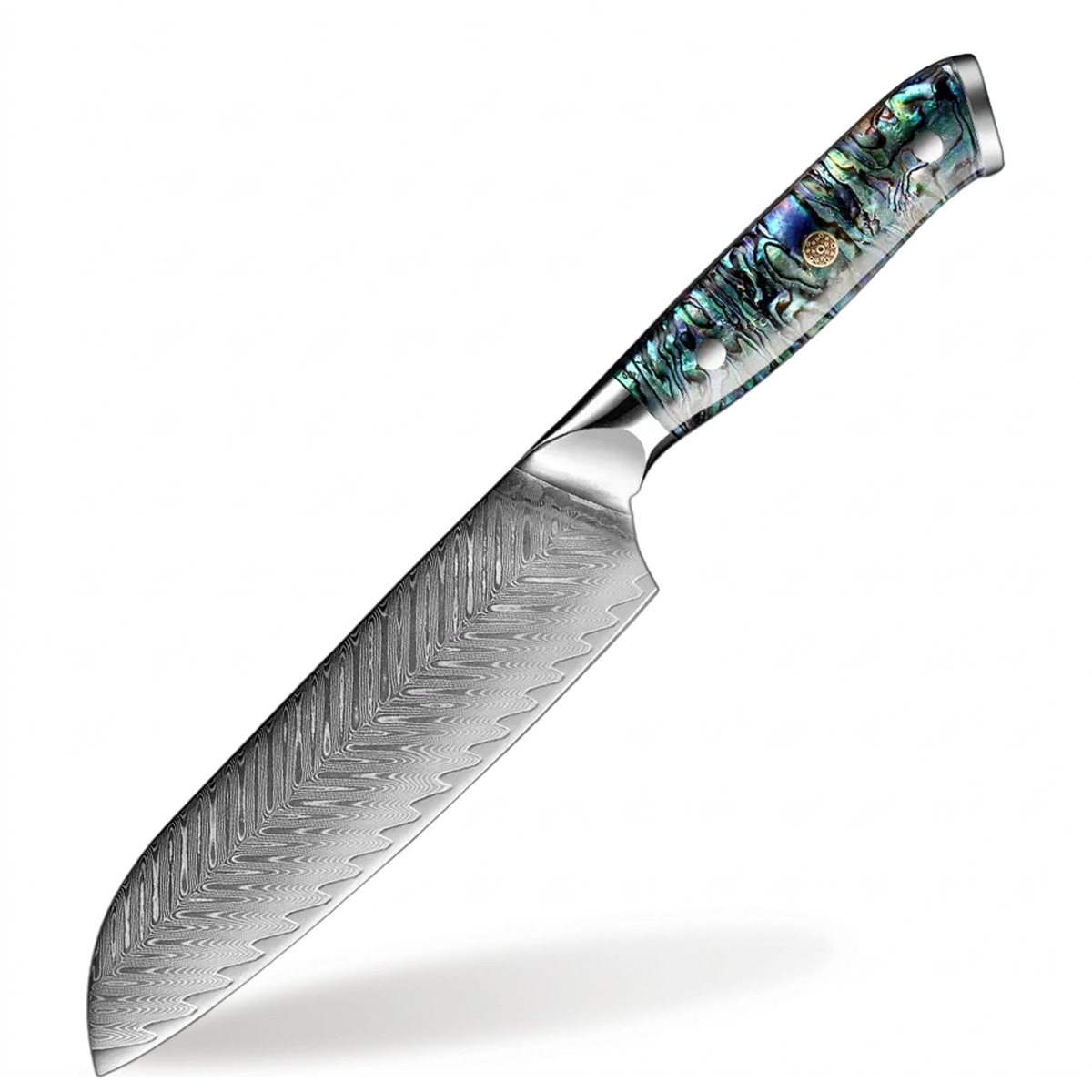 Decorative chef's knife with a patterned blade and abalone shell handle on a white background