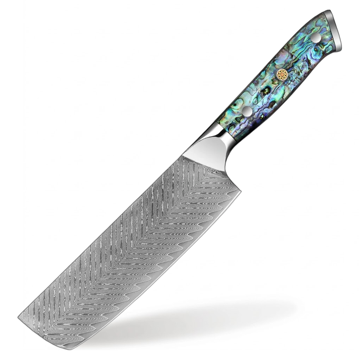 Decorative knife with a colorful abalone shell handle on a white background