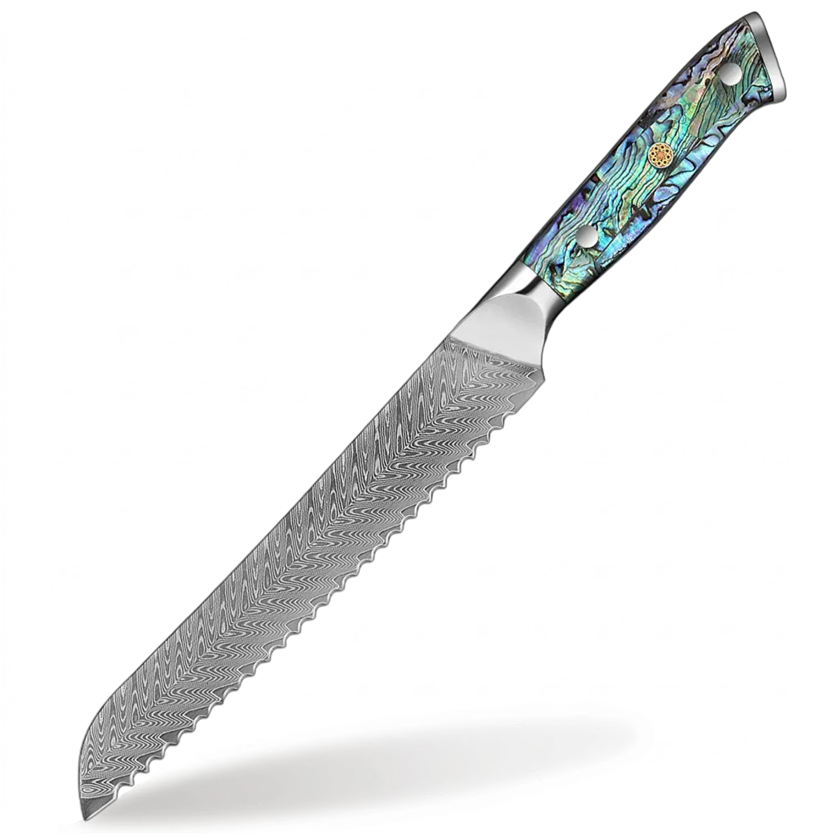 Serrated knife with a decorative handle on a white background