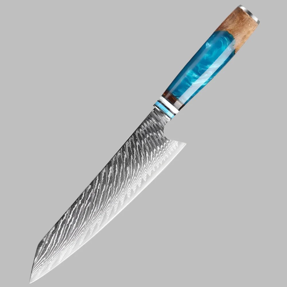 Damascus Steel 8 Inch Kiritsuke Knife with Coloured Blue Resin Handle