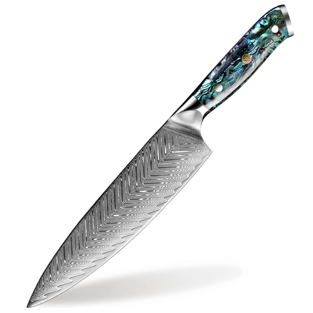 Decorative chef's knife with a patterned blade and colorful handle on a white background