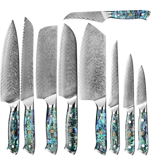 Set of knives with decorative handles on a white background