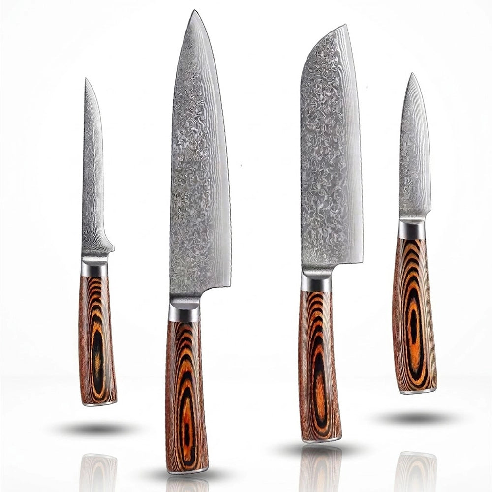 Set of four knives with wooden handles on a white background