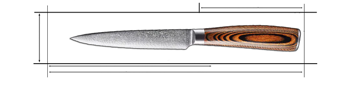 Knife with wooden handle and measurements on a white background
