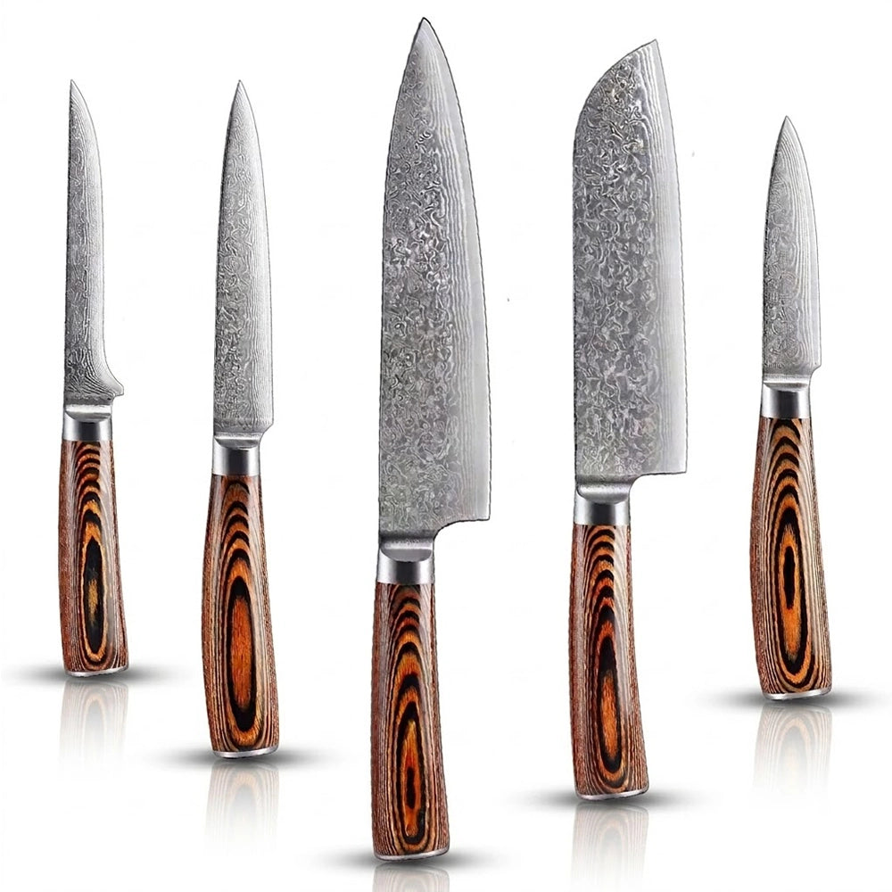 Set of five knives with wooden handles on a white background