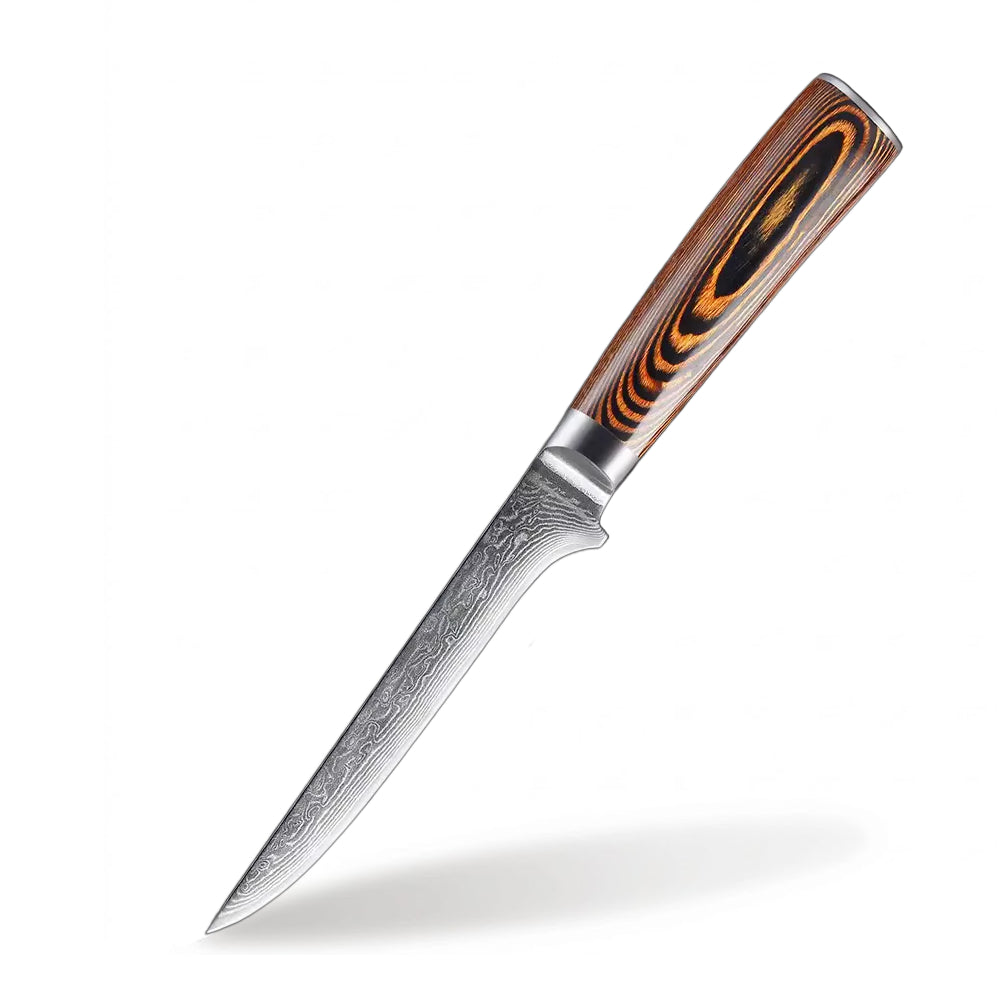 Forked handle knife with decorative blade on a white background
