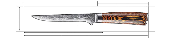 Knife with wooden handle and measurements on a white background