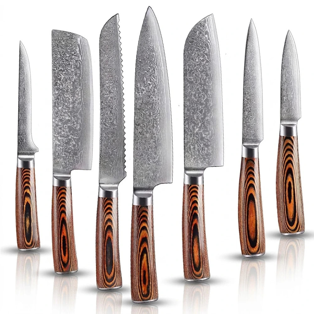 A set of seven kitchen knives with Damascus steel blades and wooden handles, displayed side by side against a grey background.