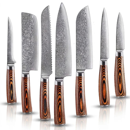 A set of seven kitchen knives with Damascus steel blades and wooden handles, displayed side by side against a grey background.