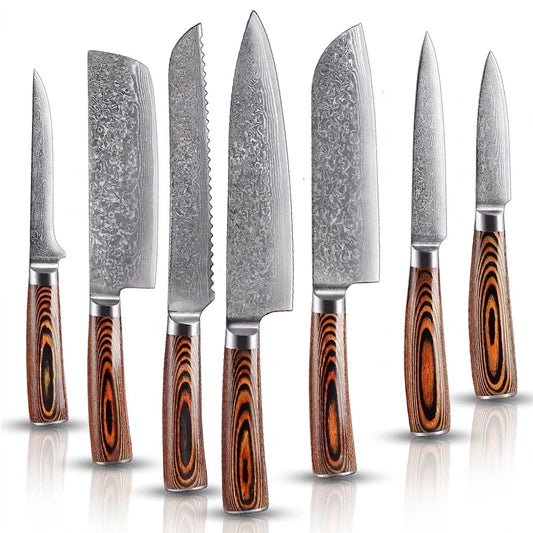 A set of seven kitchen knives with Damascus steel blades and wooden handles, displayed side by side against a grey background.