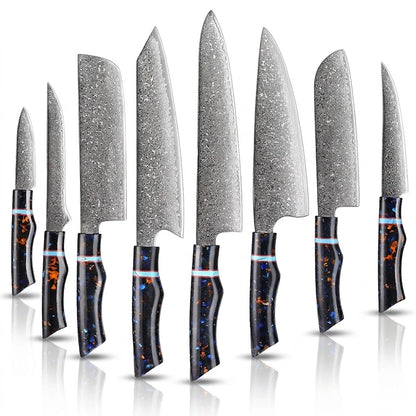 Damascus Steel  Kitchen Knives Set With Turquoise Embellishment