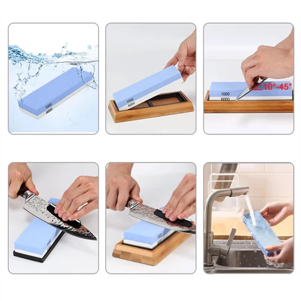 Step-by-step process of using a knife sharpener with a knife.