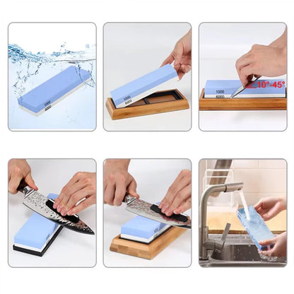Step-by-step process of using a knife sharpener with a knife.