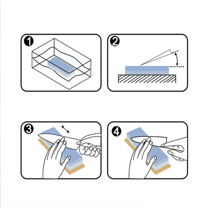 Step-by-step instructional diagram showing how to cut a piece of paper.