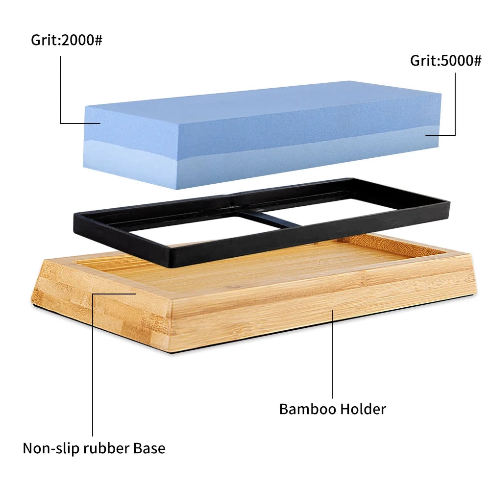 Bamboo sanding block with labeled grits and base, on a white background