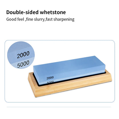 Double-sided whetstone with 2000 and 5000 grit on a wooden stand, labeled for sharpening tools.