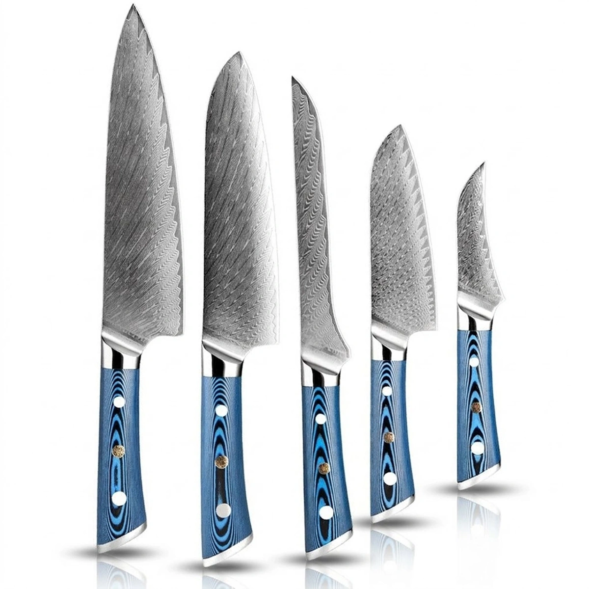 Premium 5 Piece Damascus Steel Knife Set With Blue Handle