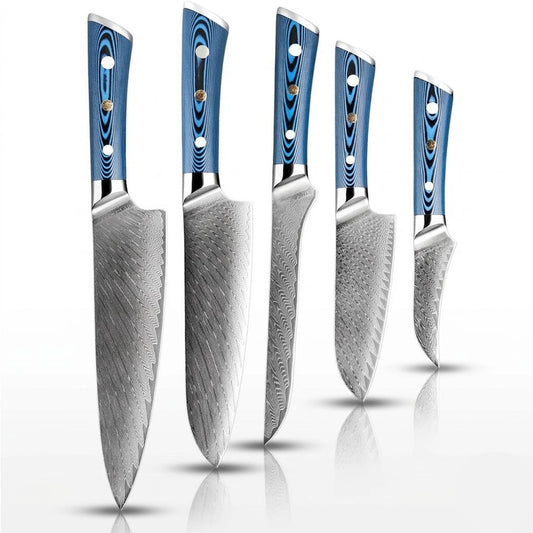Premium 5 Piece Damascus Steel Knife Set With Blue Handle