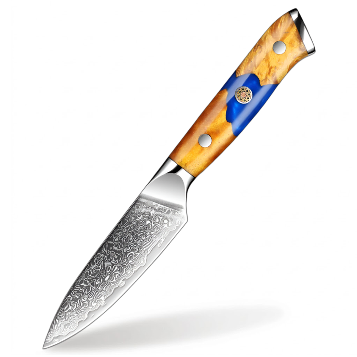 Deluxe Damascus Steel 3.5 Inch Fruit Knife With Resin And Wood Blue Handle