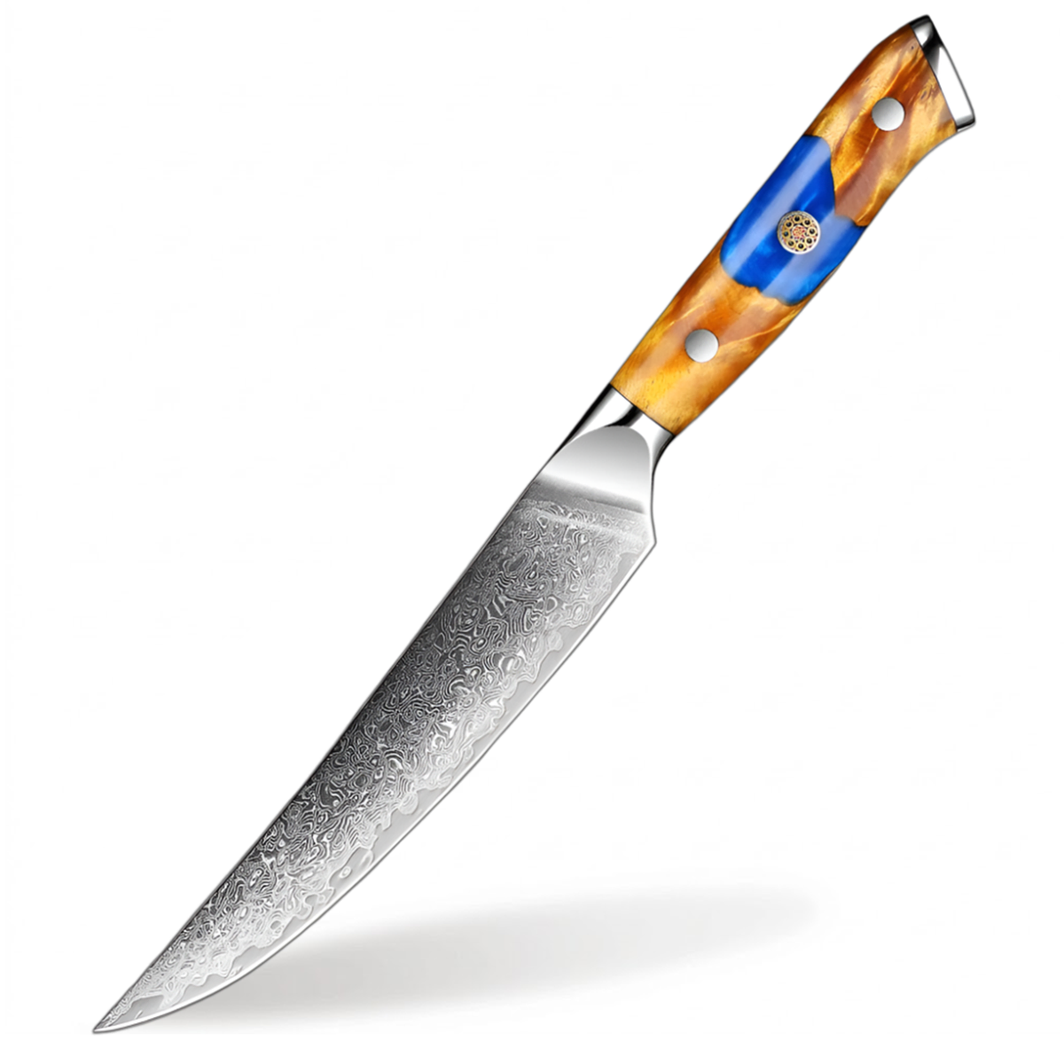 Deluxe Damascus Steel 5 Inch Utility Knife With Resin And Wood Blue Handle