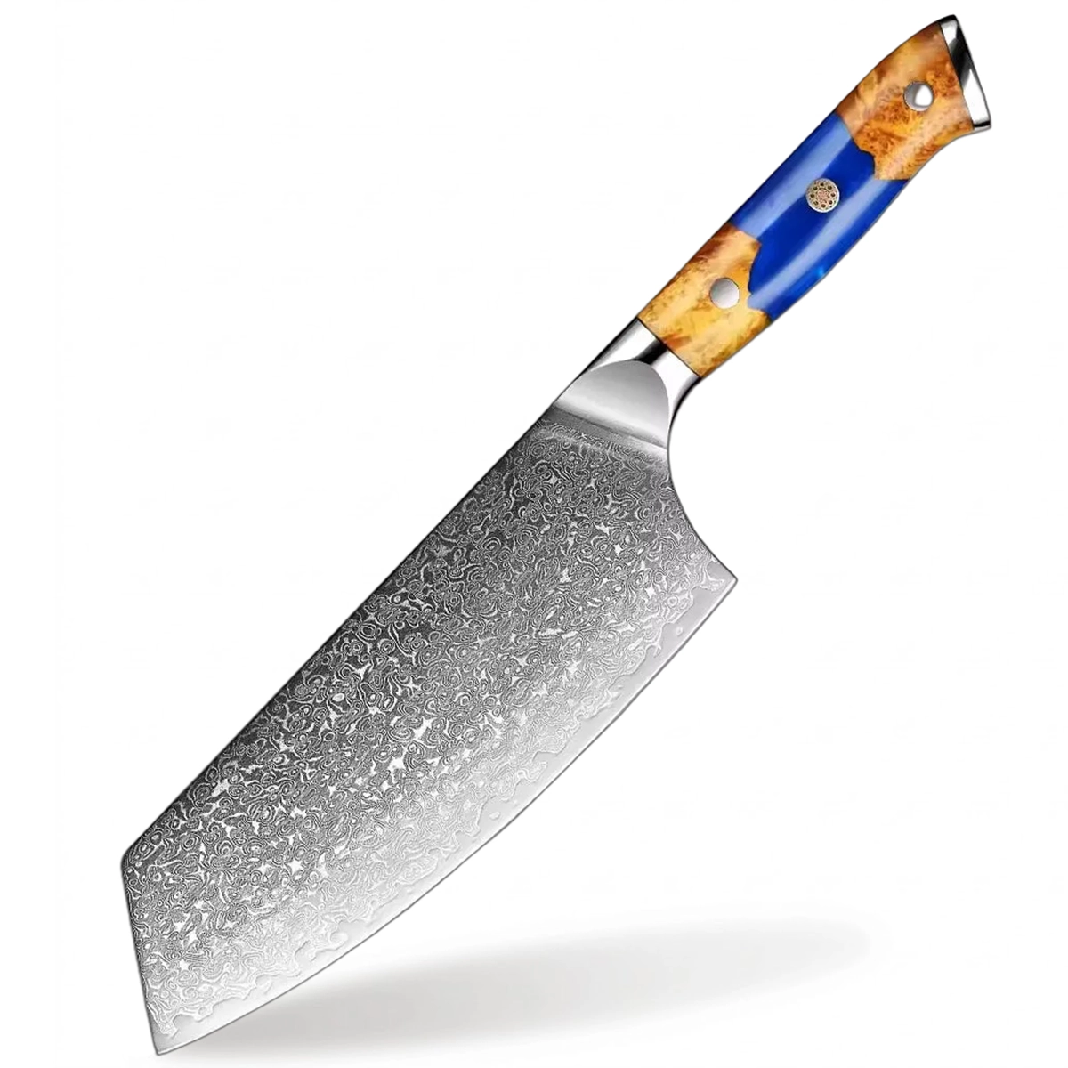 Deluxe Damascus Steel 7 Inch Cleaver Knife With Resin And Wood Blue Handle