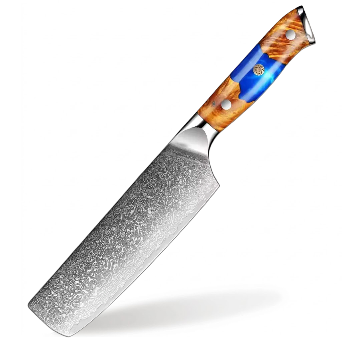 Deluxe Damascus Steel 7 Inch Nakiri Knife With Resin And Wood Blue Handle