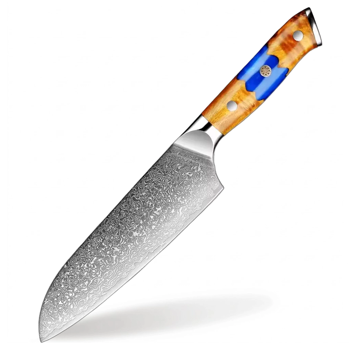 Deluxe Damascus Steel 7 Inch Santoku Knife With Resin And Wood Blue Handle