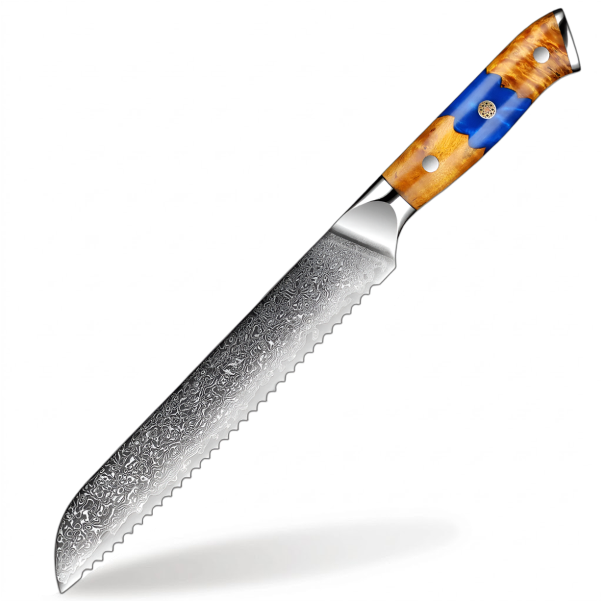 Deluxe Damascus Steel 8 Inch Bread Knife With Resin And Wood Blue Handle