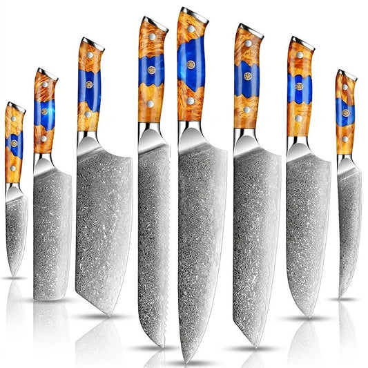 Deluxe Damascus Steel Chef’s Knife Set With Resin And Wood Blue Handle