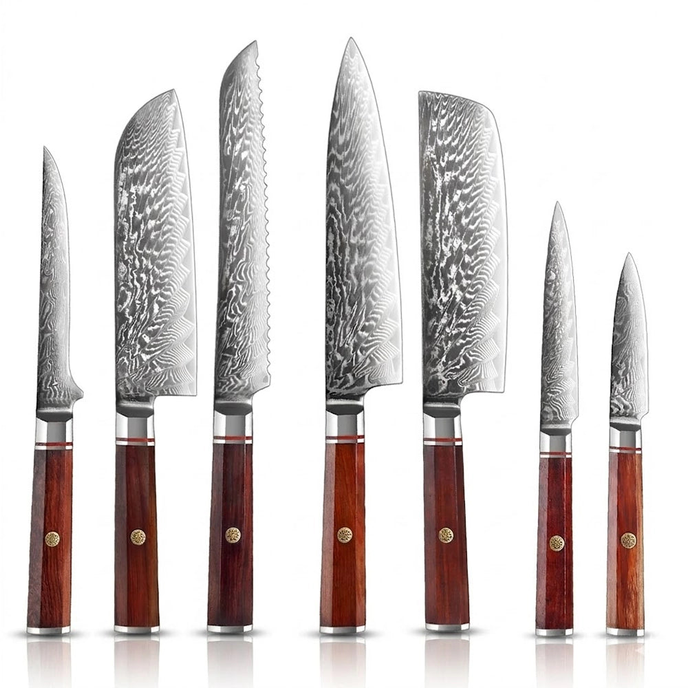 Premium 7 Piece Damascus Steel Knife Set with Rosewood Handles