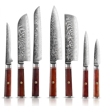 Premium 7 Piece Damascus Steel Knife Set with Rosewood Handles