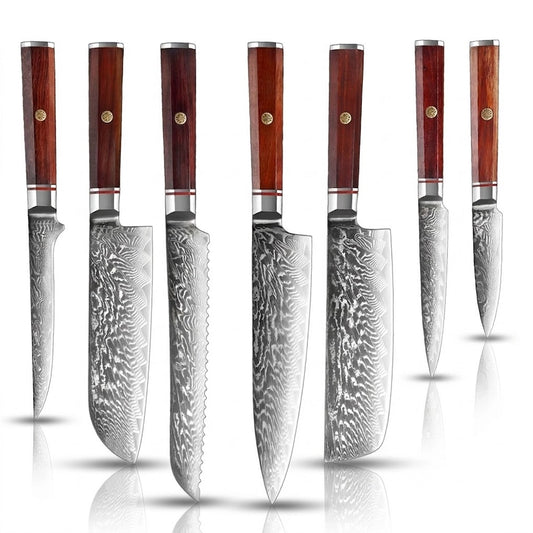 Premium 7 Piece Damascus Steel Knife Set with Rosewood Handles