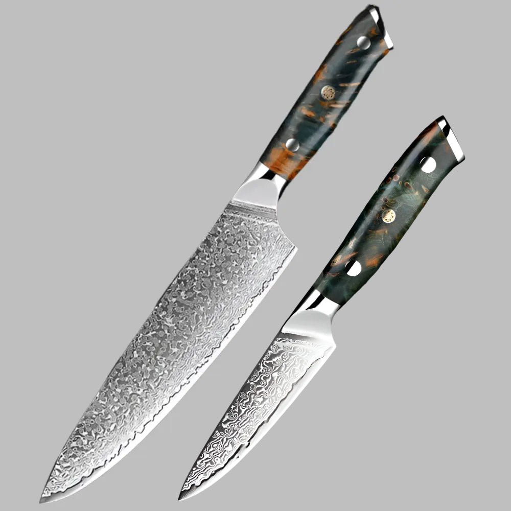 Luxury Damascus Steel 8 Inch Chef Knife and a 3.5 Inch Fruit Knife Pro Chef Recommended