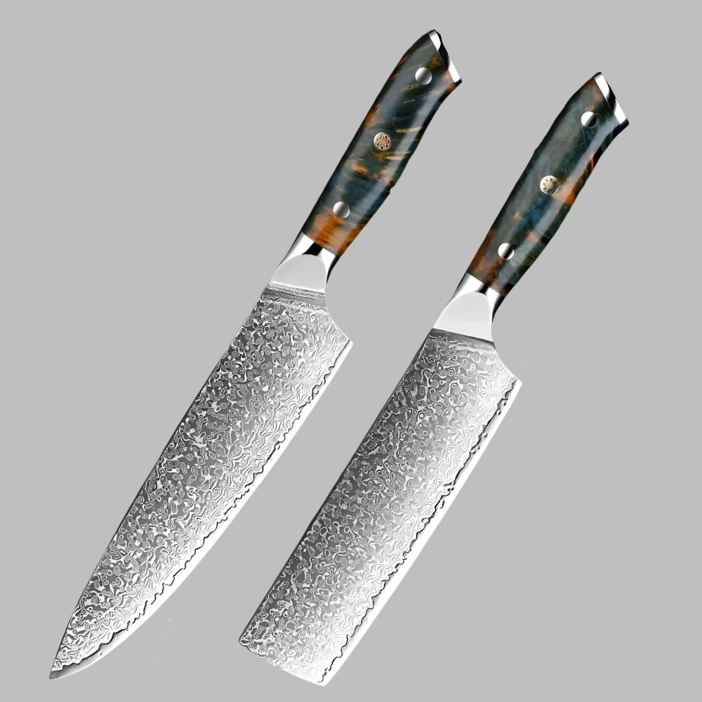 Luxury Damascus Steel 8 Inch Chef Knife and a 7 Inch Nakiri Knife Pro Chef Recommended