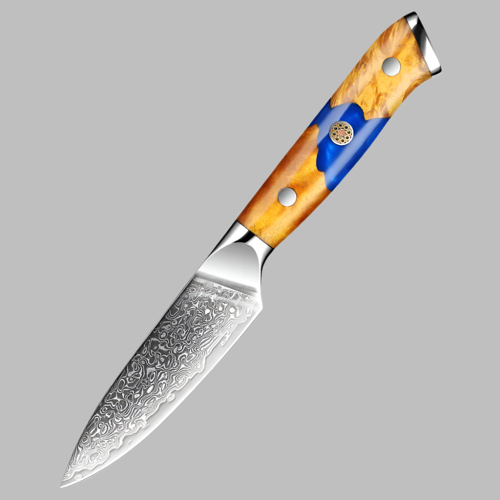 Deluxe Damascus Steel 3.5 Inch Fruit Knife With Resin And Wood Blue Handle