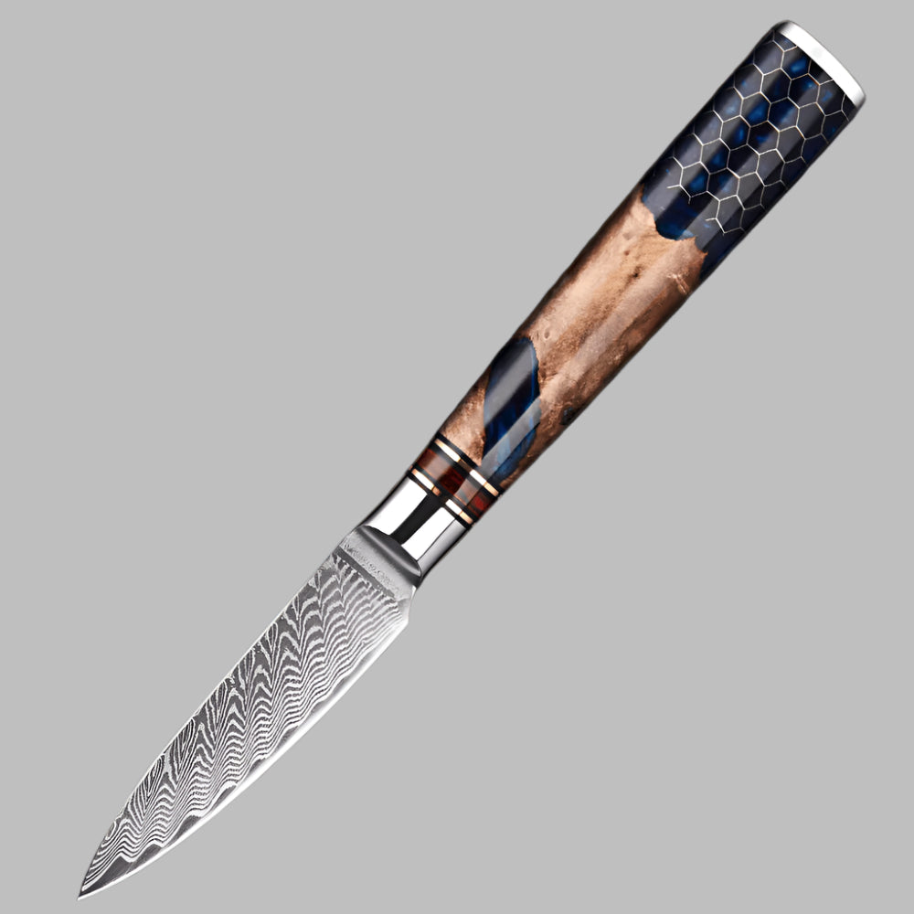 Damascus Steel  3.5 inch Fruit knife with Blue Resin Honeycomb Handle