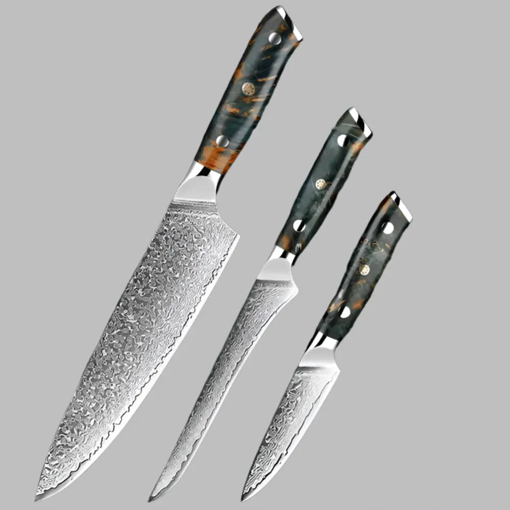 Luxury Damascus Steel 8 Inch Chef Knife, 6 Inch Boning Knife and a 3.5 Inch Fruit Knife Pro Chef Recommended
