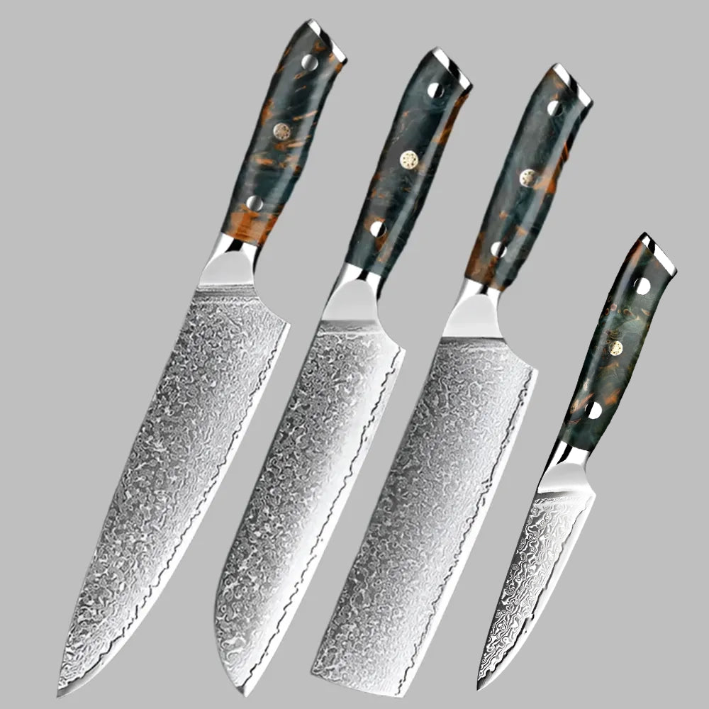 Luxury Damascus Steel 8 Inch Chef Knife, 7 Inch Santoku Knife,  7 Inch Nakiri Knife and a 3.5 Inch Fruit Knife  Pro Chef Recommended