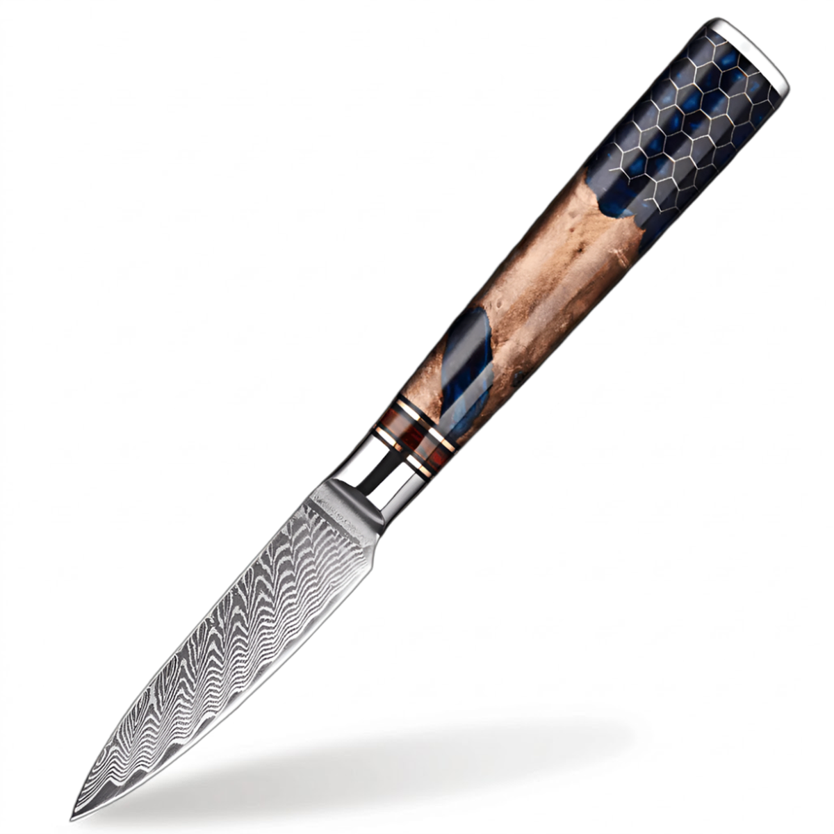 Damascus Steel  3.5 inch Fruit knife with Blue Resin Honeycomb Handle