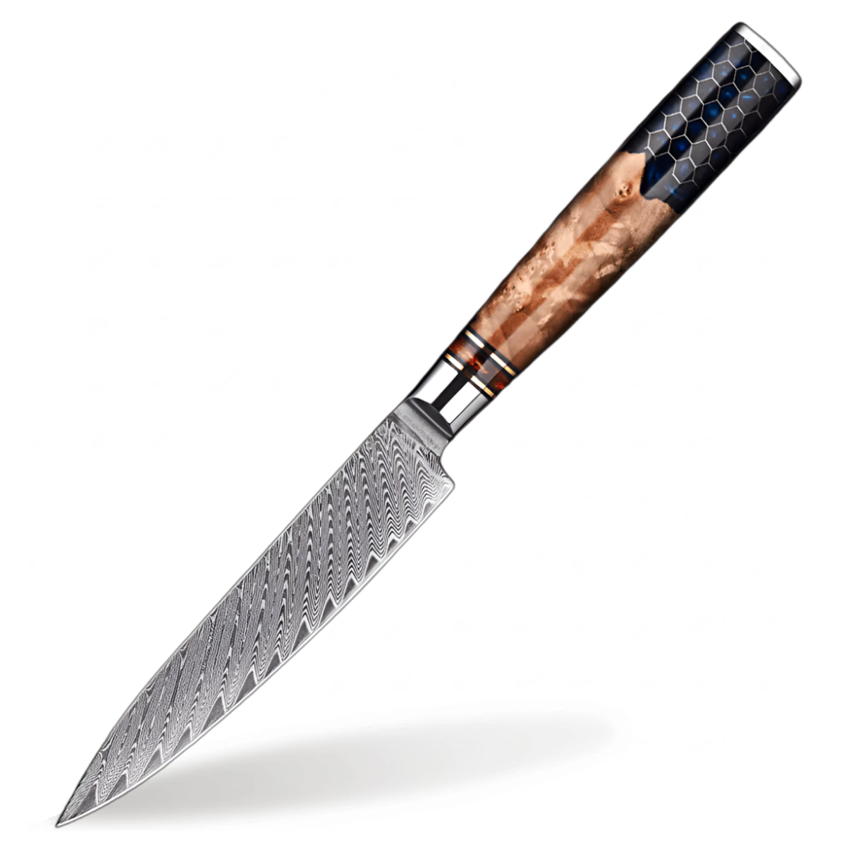 Damascus Steel  5 inch Utility knife with Blue Resin Honeycomb Handle