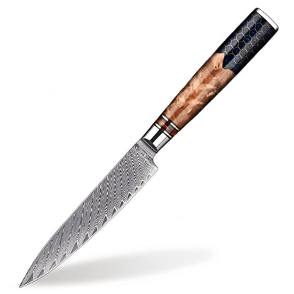 Damascus Steel  5 inch Utility knife with Blue Resin Honeycomb Handle