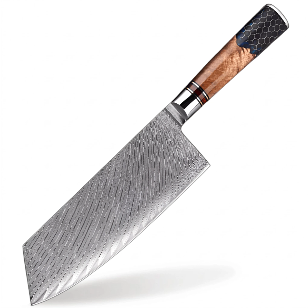 Damascus Steel  7 inch Cleaver knife with Blue Resin Honeycomb Handle