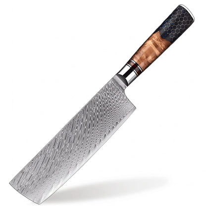 Damascus Steel  7 inch Nakiri knife with Blue Resin Honeycomb Handle