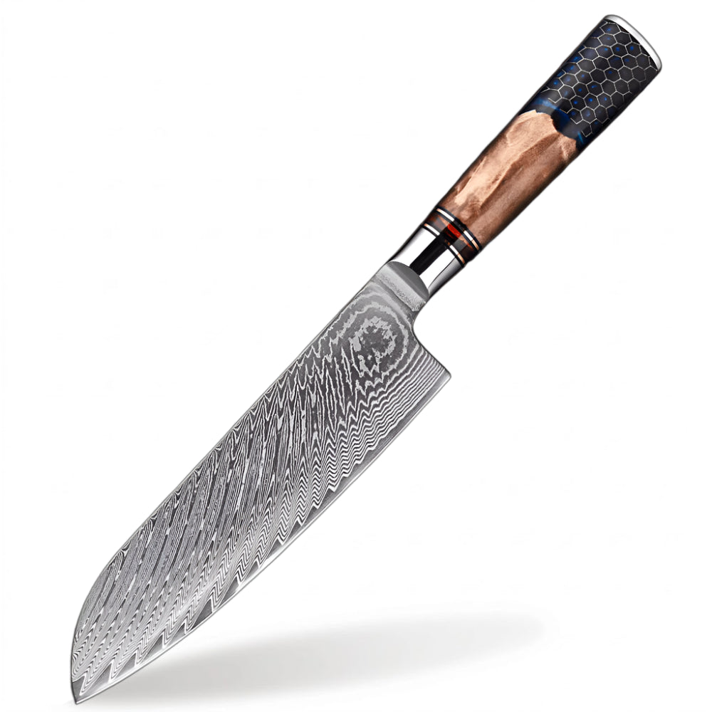 Damascus Steel  7 inch Santoku knife with Blue Resin Honeycomb Handle